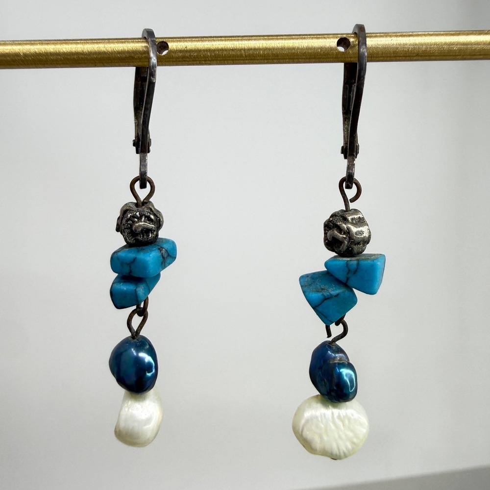 Sterling Silver Turquoise and Baroque‎ Pearl Leverback Drop Earrings Boho